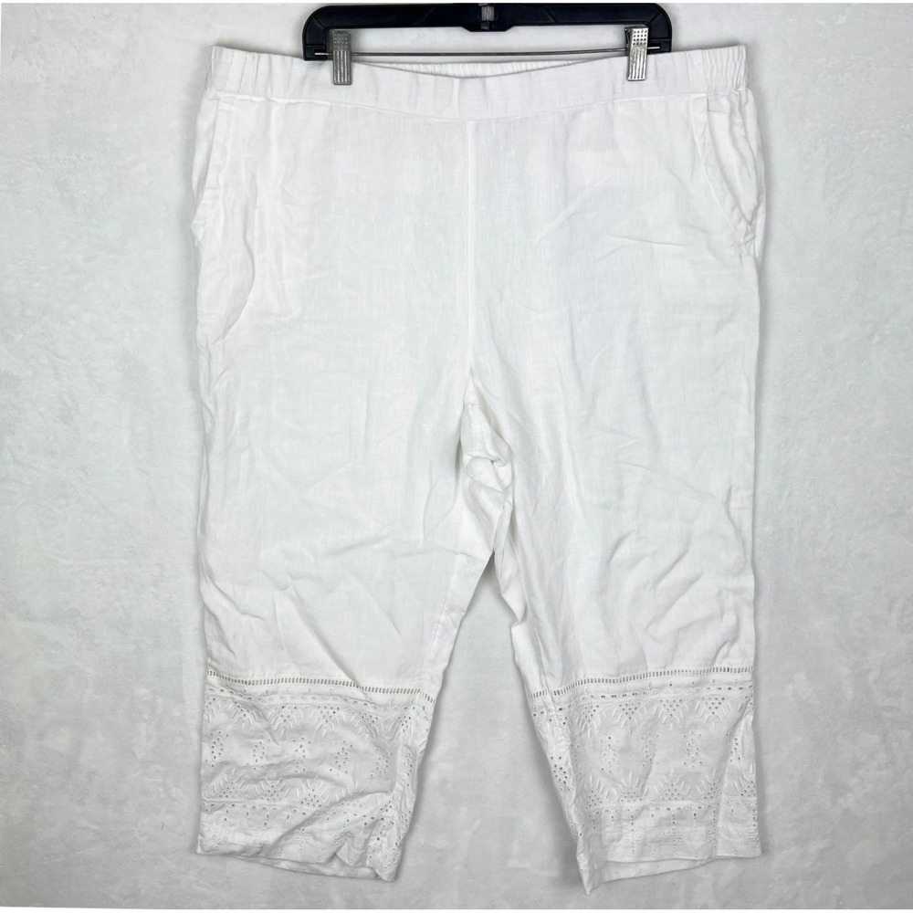 Charter Club Linen Pull On Pants‎ Womens 2XL White Cropped Capri Embroidered